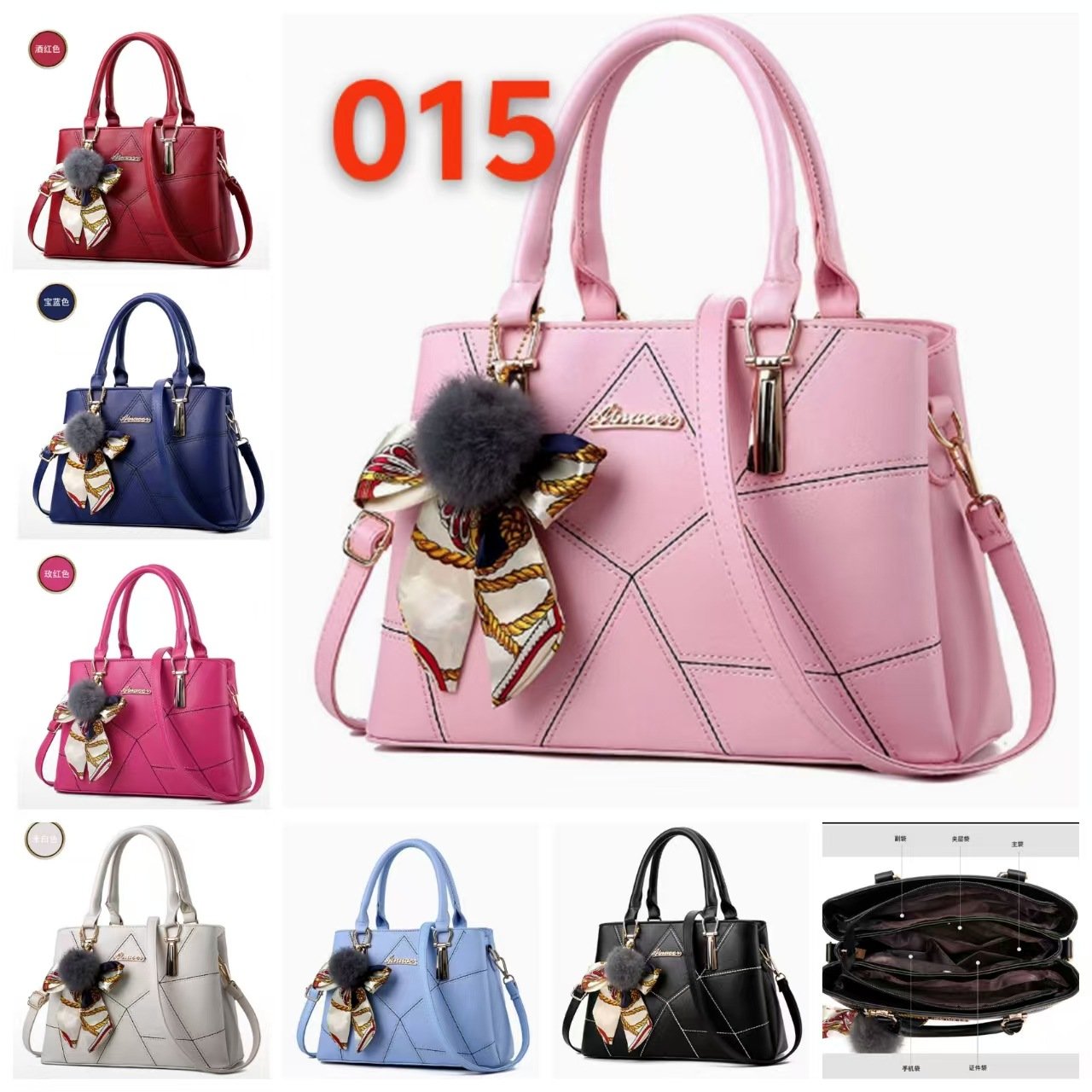 Geometric Stitched Women's Handbag with Silk Scarf & Pom-Pom Charm Prime 112 - Image 8