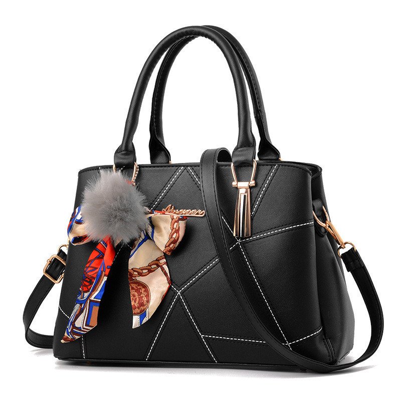 Geometric Stitched Women's Handbag with Silk Scarf & Pom-Pom Charm Prime 112 - Image 7