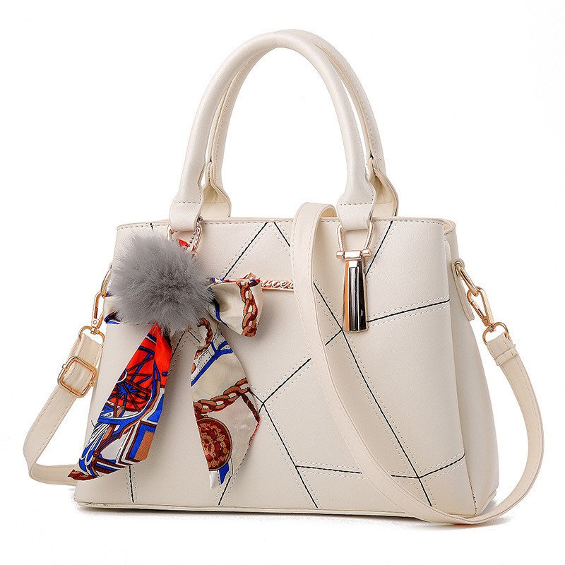 Geometric Stitched Women's Handbag with Silk Scarf & Pom-Pom Charm Prime 112 - Image 4