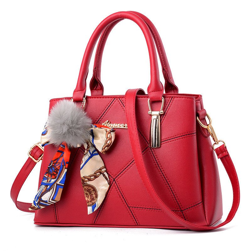 Geometric Stitched Women's Handbag with Silk Scarf & Pom-Pom Charm Prime 112 - Image 2