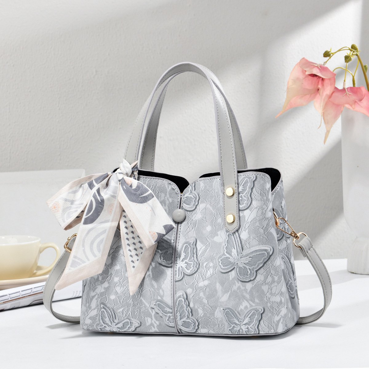 Elegant Embossed Butterfly Lace Women's Handbag with Scarf Accent Prime 113 - Image 2
