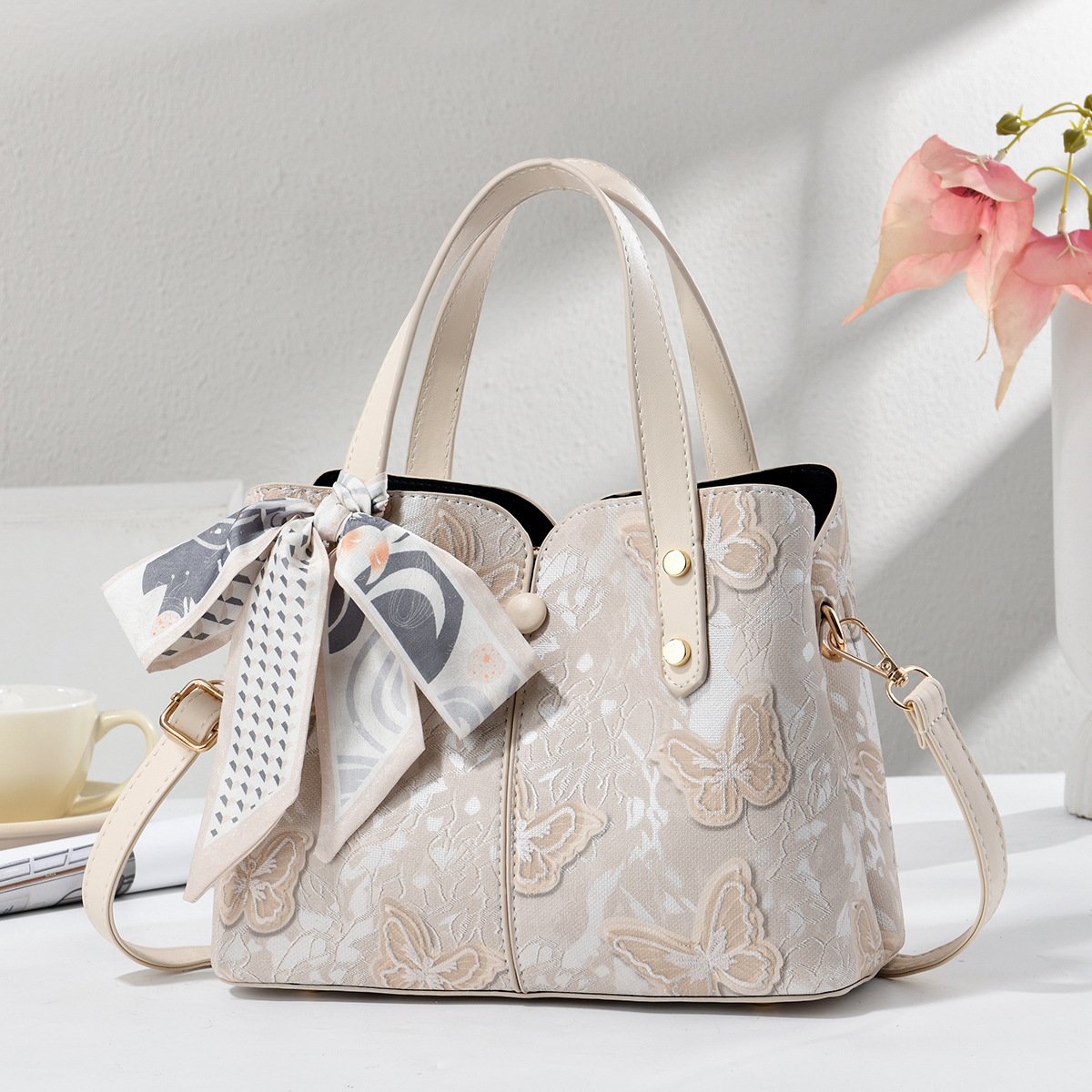 Elegant Embossed Butterfly Lace Women's Handbag with Scarf Accent Prime 113 - Image 6