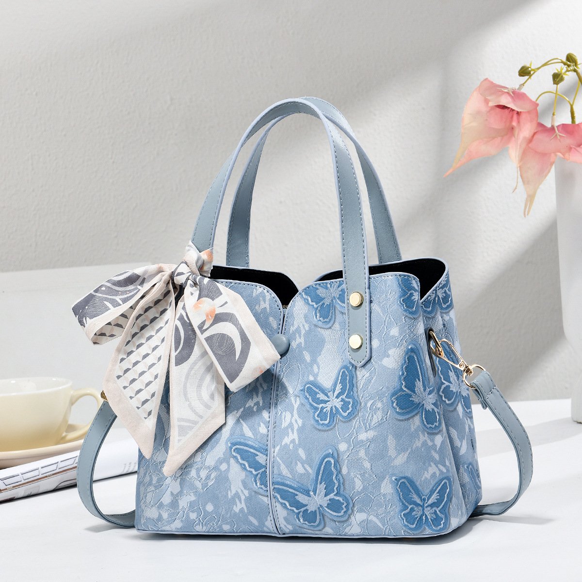 Elegant Embossed Butterfly Lace Women's Handbag with Scarf Accent Prime 113 - Image 5