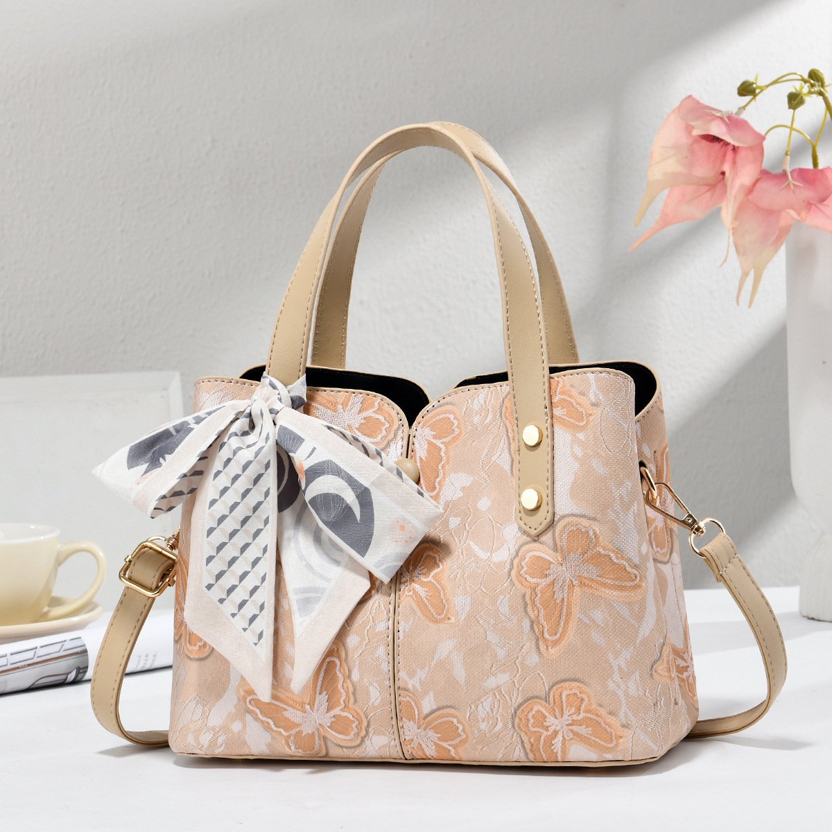 Elegant Embossed Butterfly Lace Women's Handbag with Scarf Accent Prime 113 - Image 4