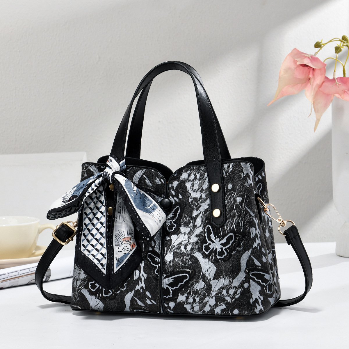 Elegant Embossed Butterfly Lace Women's Handbag with Scarf Accent Prime 113 - Image 3