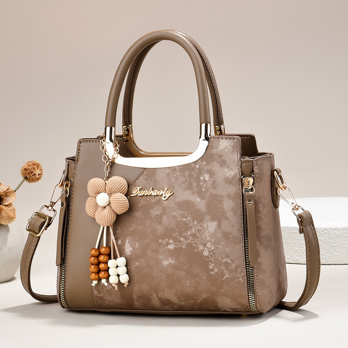 Floral Marbled Dual-Texture Women's Handbag with Flower Charm Prime 121 - Image 3
