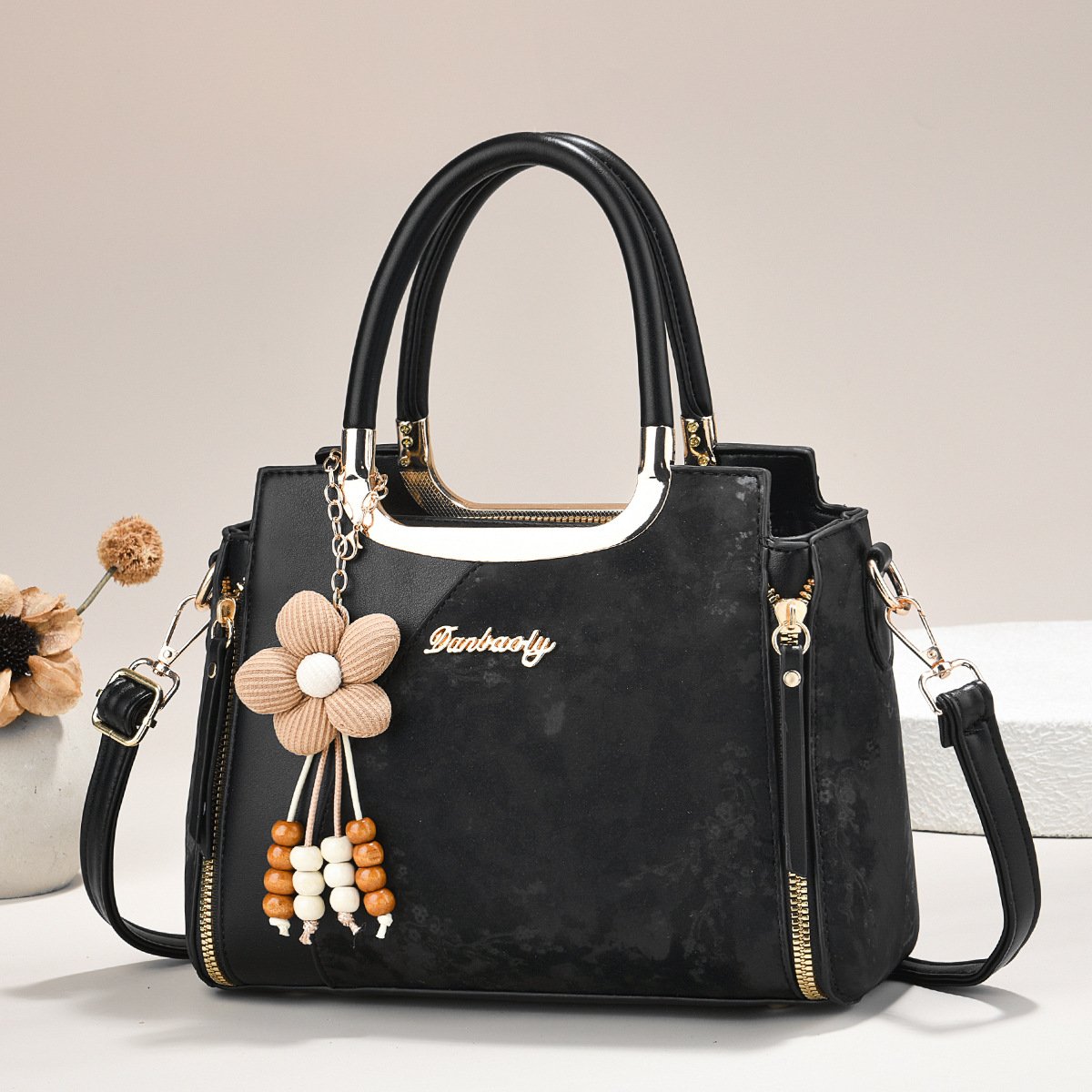 Floral Marbled Dual-Texture Women's Handbag with Flower Charm Prime 121 - Image 2
