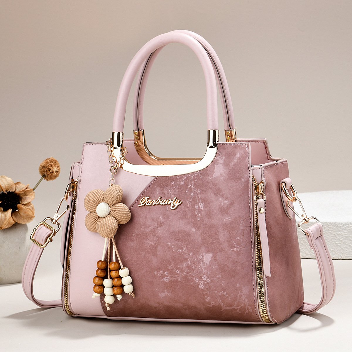 Floral Marbled Dual-Texture Women's Handbag with Flower Charm Prime 121 - Image 7