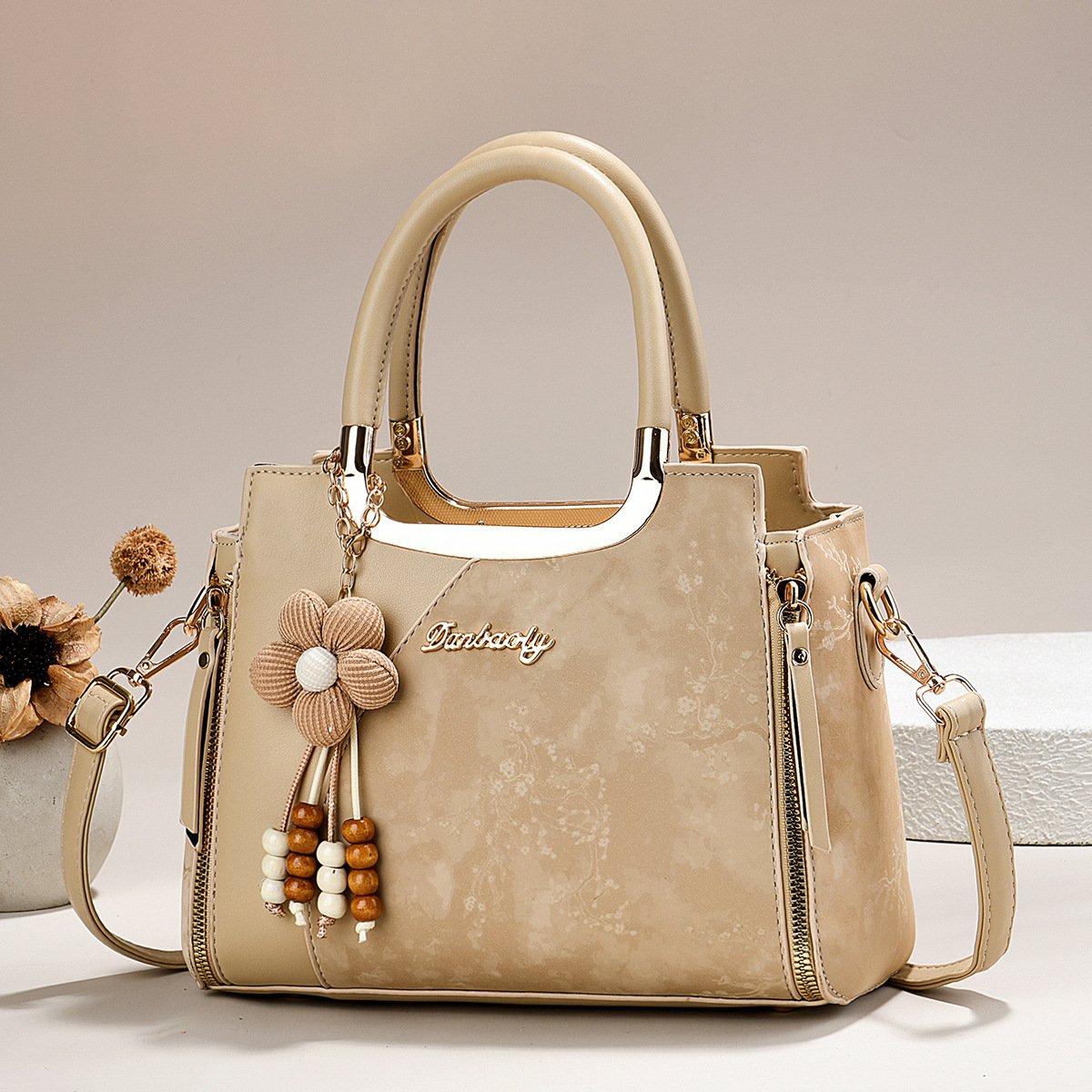 Floral Marbled Dual-Texture Women's Handbag with Flower Charm Prime 121 - Image 5