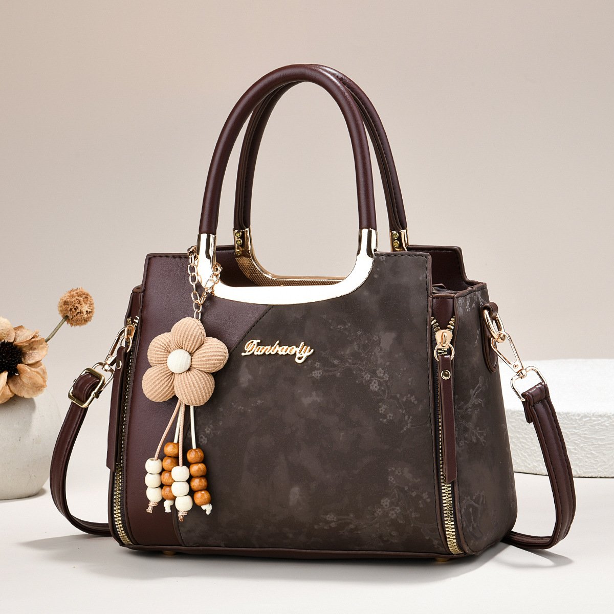 Floral Marbled Dual-Texture Women's Handbag with Flower Charm Prime 121 - Image 4