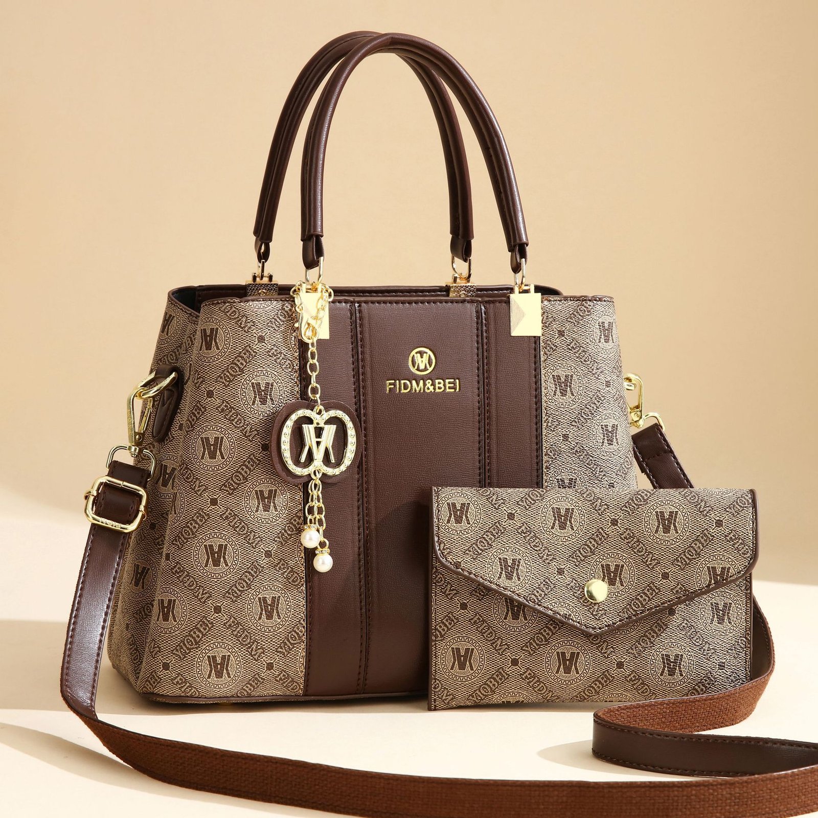 Premium Women’s Monogram Print Handbag Set – Leather Satchel with Matching Pouch & Bag Charm Prime 131 - Image 5