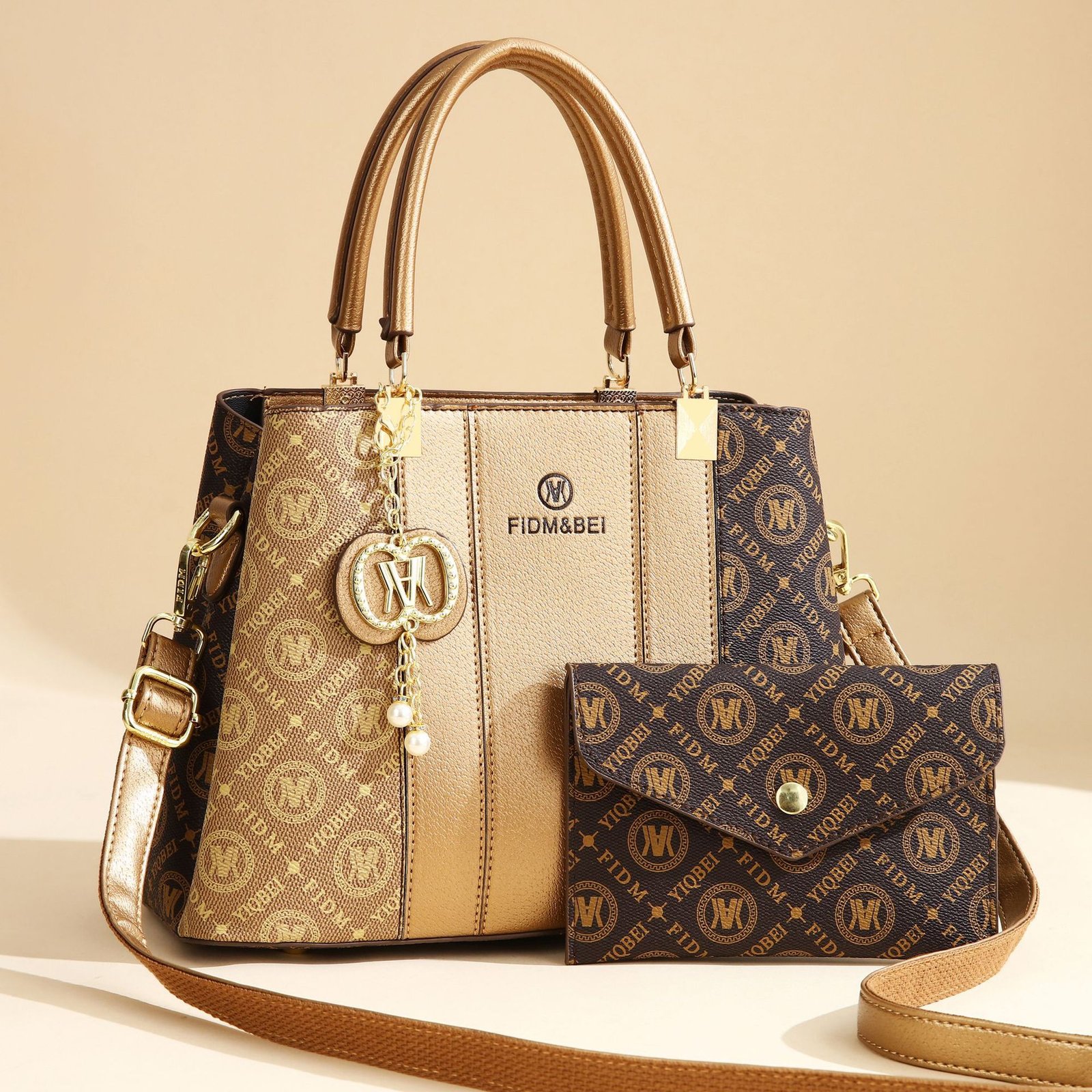 Premium Women’s Monogram Print Handbag Set – Leather Satchel with Matching Pouch & Bag Charm Prime 131 - Image 4