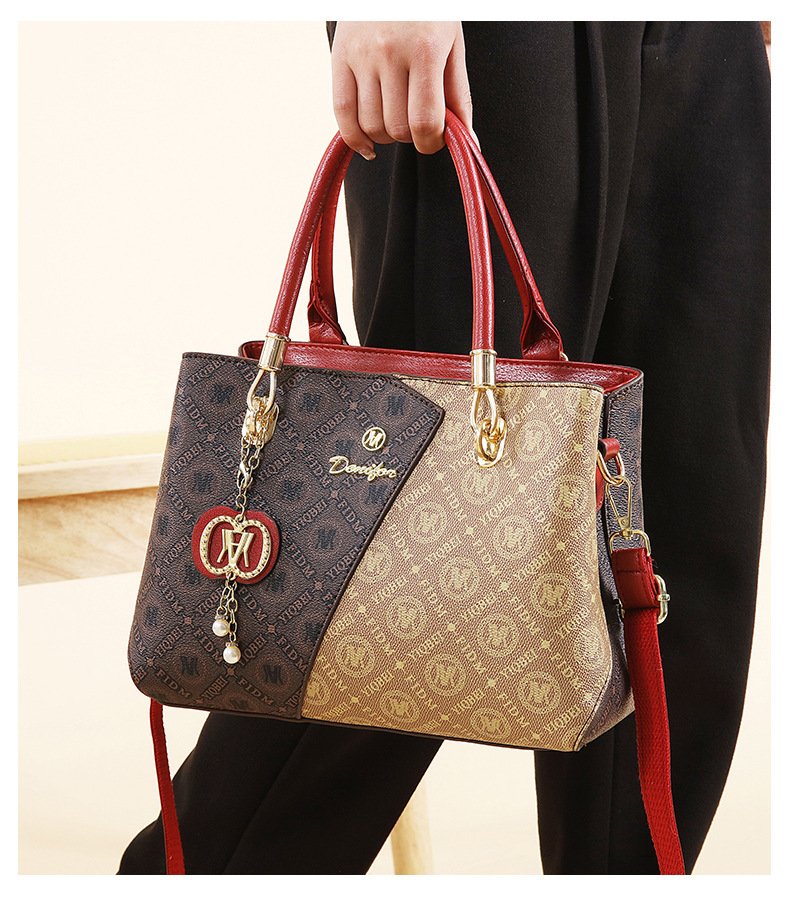 Women’s Dual-Tone Monogram Shoulder Bag – Asymmetric Patterned Leather Satchel with Bag Charm Prime 132 - Image 2