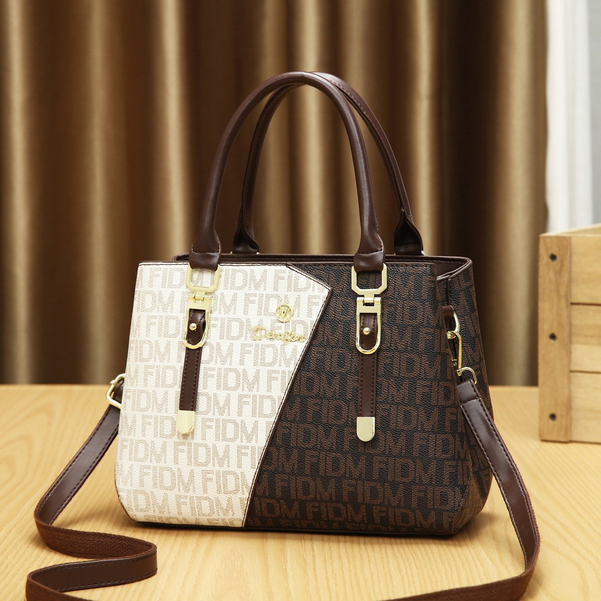 Women’s Dual-Tone Monogram Shoulder Bag – Asymmetric Patterned Leather Satchel with Bag Charm Prime 132 - Image 5