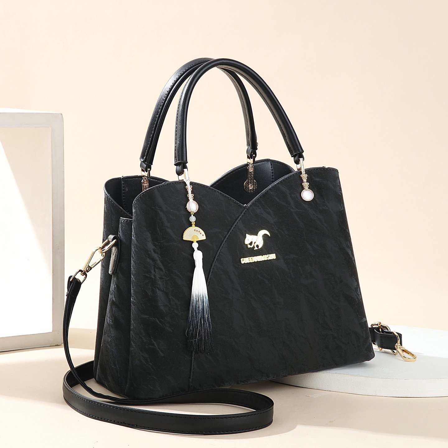 Women’s Tassel Charm Crinkled Leather Handbag – Elegant Top-Handle & Crossbody Bag Prime 140 - Image 2