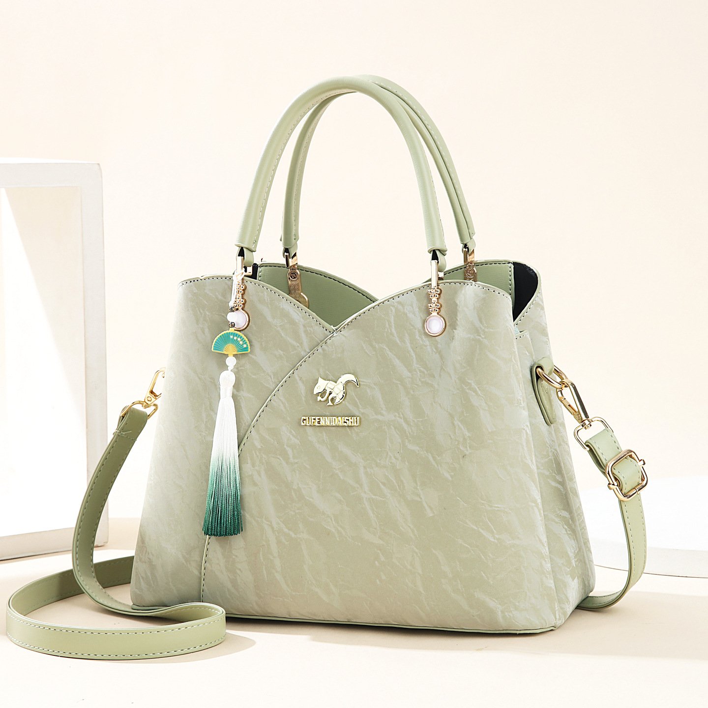 Women’s Tassel Charm Crinkled Leather Handbag – Elegant Top-Handle & Crossbody Bag Prime 140 - Image 3
