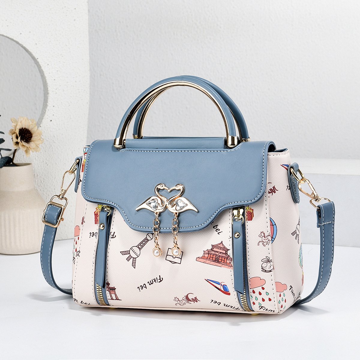 Women’s Double Swan Emblem Graphic Print Top-Handle & Crossbody Handbag Prime 150 - Image 2