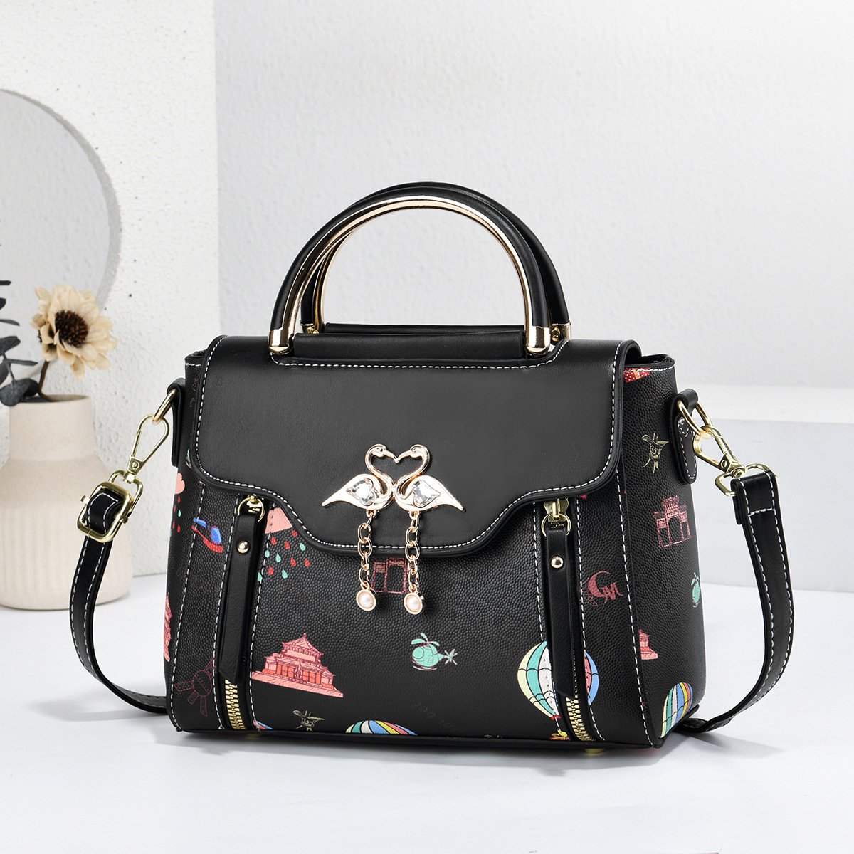 Women’s Double Swan Emblem Graphic Print Top-Handle & Crossbody Handbag Prime 150 - Image 4