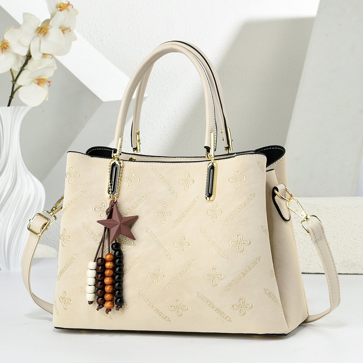 Women’s Embossed Floral Pattern Tote & Crossbody Shoulder Bag with Star Charm Prime 156 - Image 4