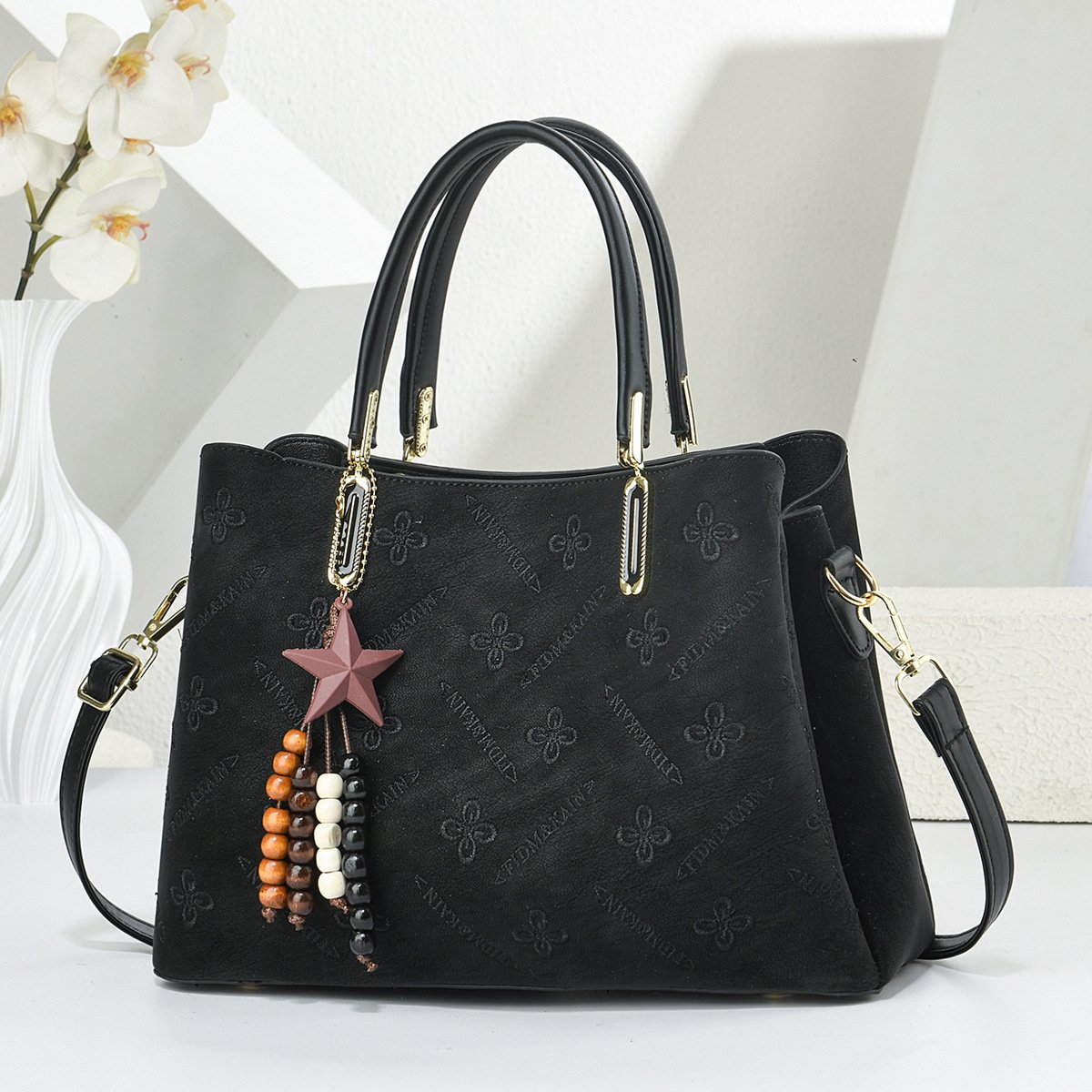 Women’s Embossed Floral Pattern Tote & Crossbody Shoulder Bag with Star Charm Prime 156 - Image 3