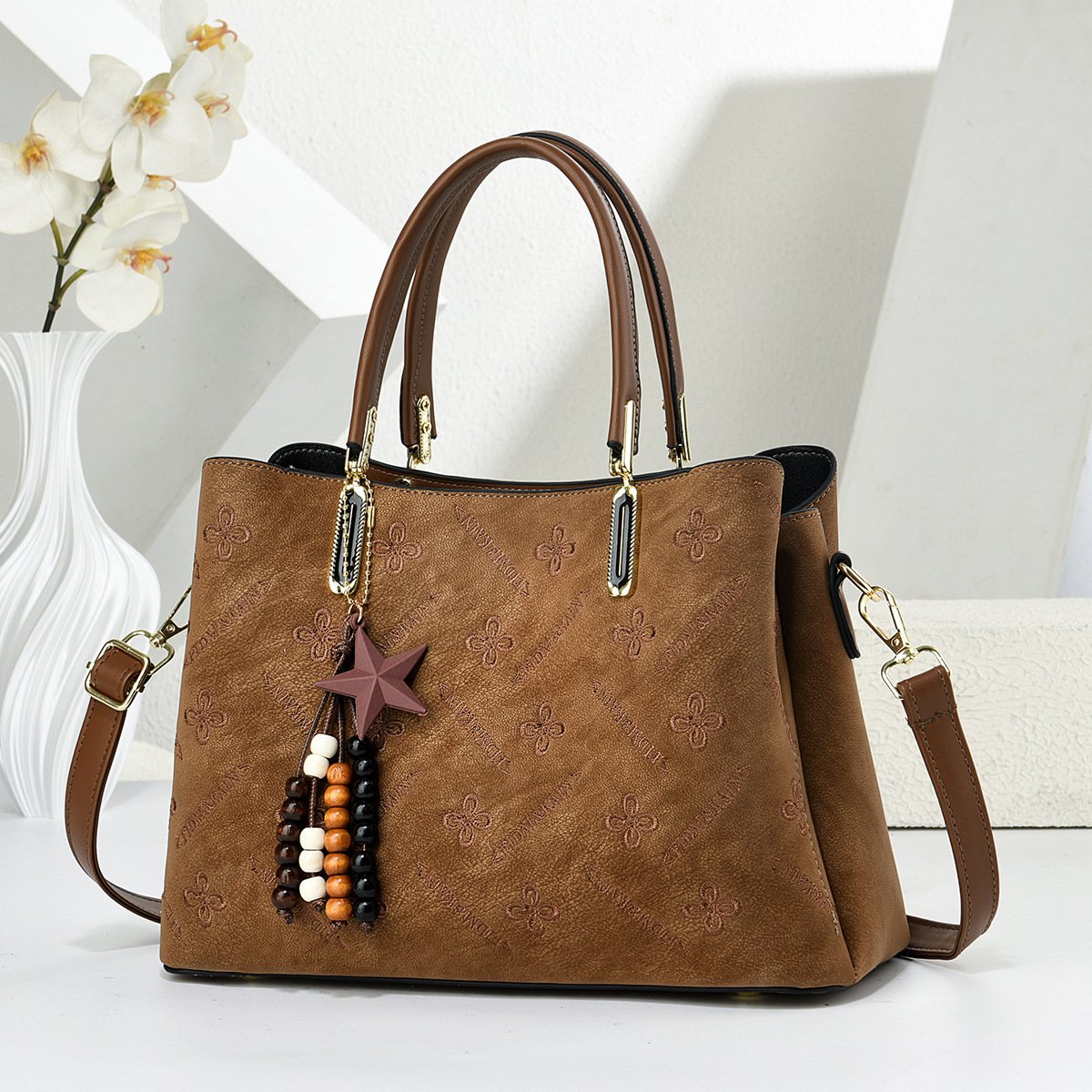 Women’s Embossed Floral Pattern Tote & Crossbody Shoulder Bag with Star Charm Prime 156 - Image 2