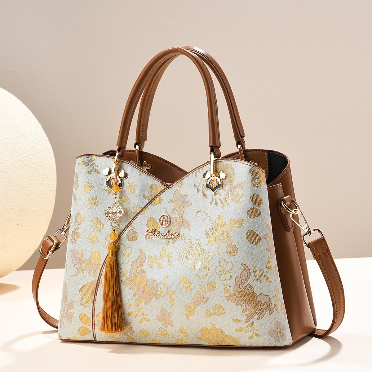 Women’s Jacquard Brocade Top-Handle Tote & Crossbody Bag with Tassel Pendant Prime 165 - Image 4