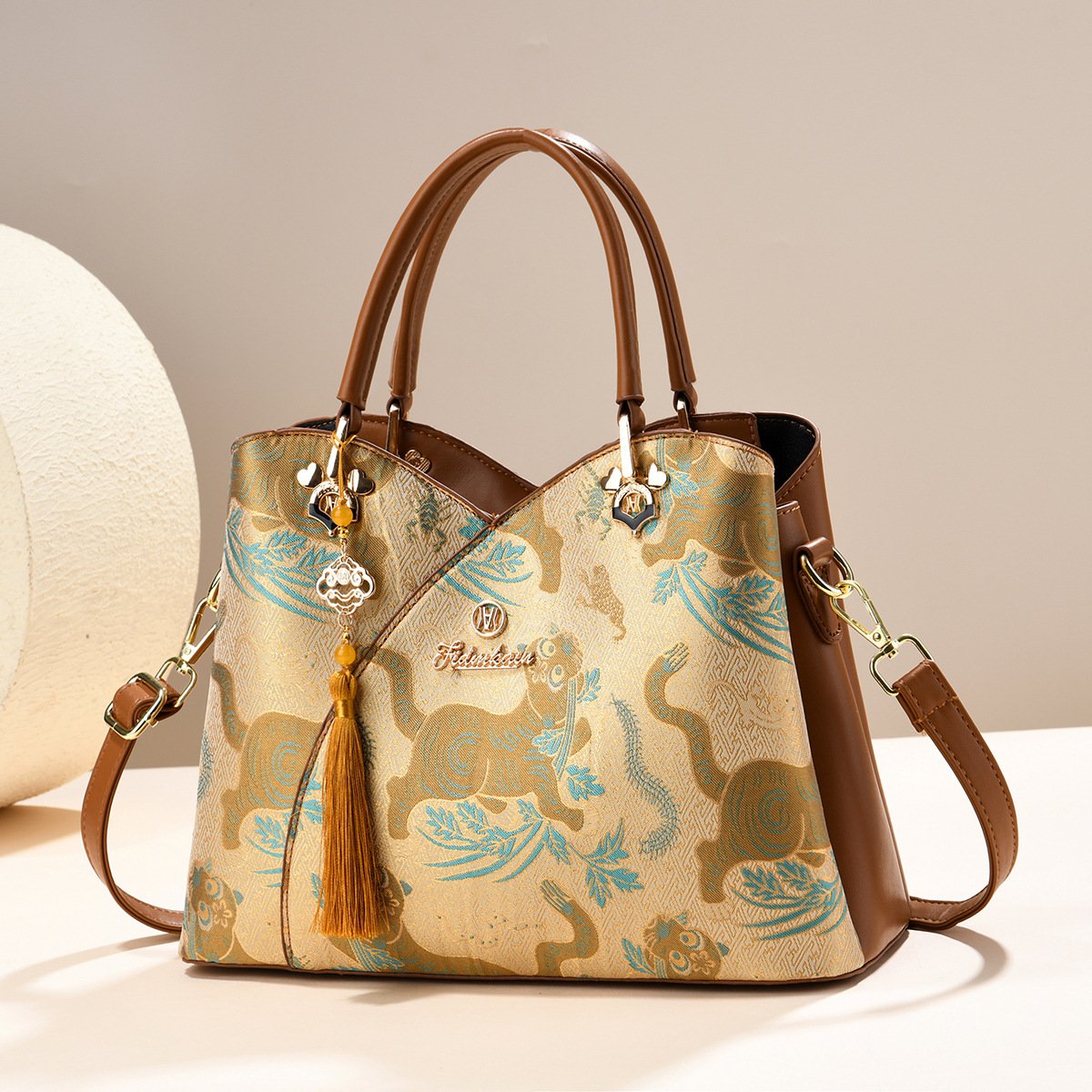 Women’s Jacquard Brocade Top-Handle Tote & Crossbody Bag with Tassel Pendant Prime 165 - Image 3