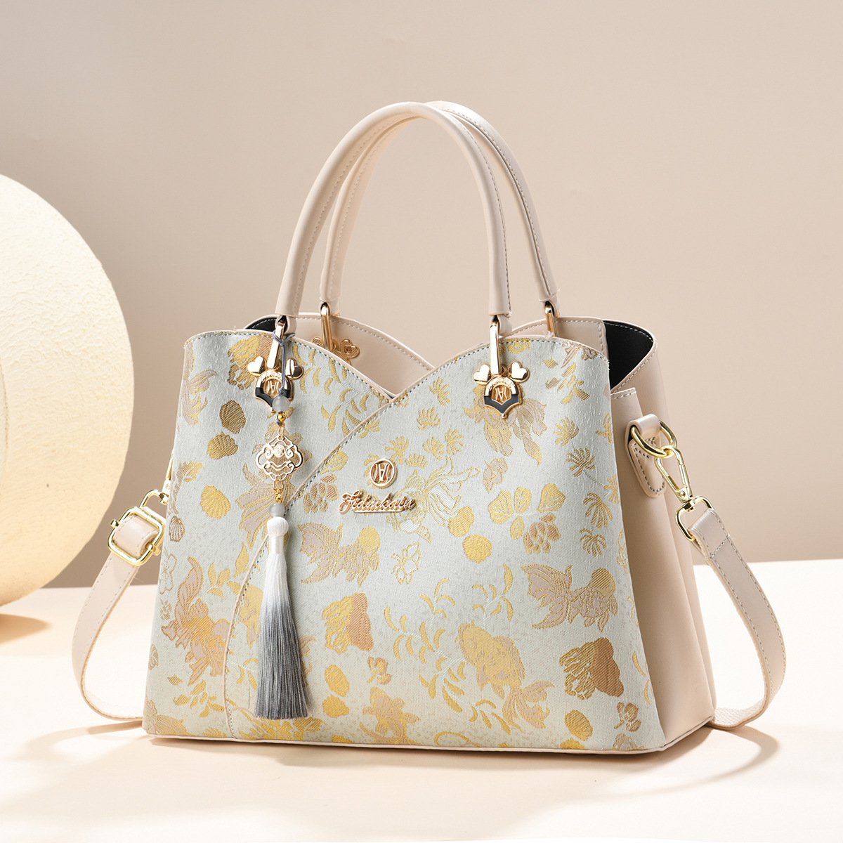 Women’s Jacquard Brocade Top-Handle Tote & Crossbody Bag with Tassel Pendant Prime 165 - Image 2